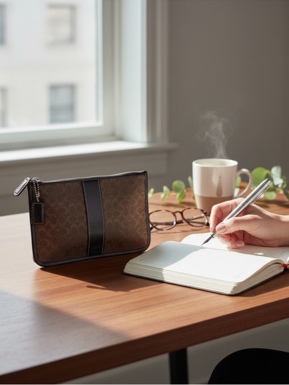Coach Brown Signature Canvas Pouch with Dark Brown Center Stripe